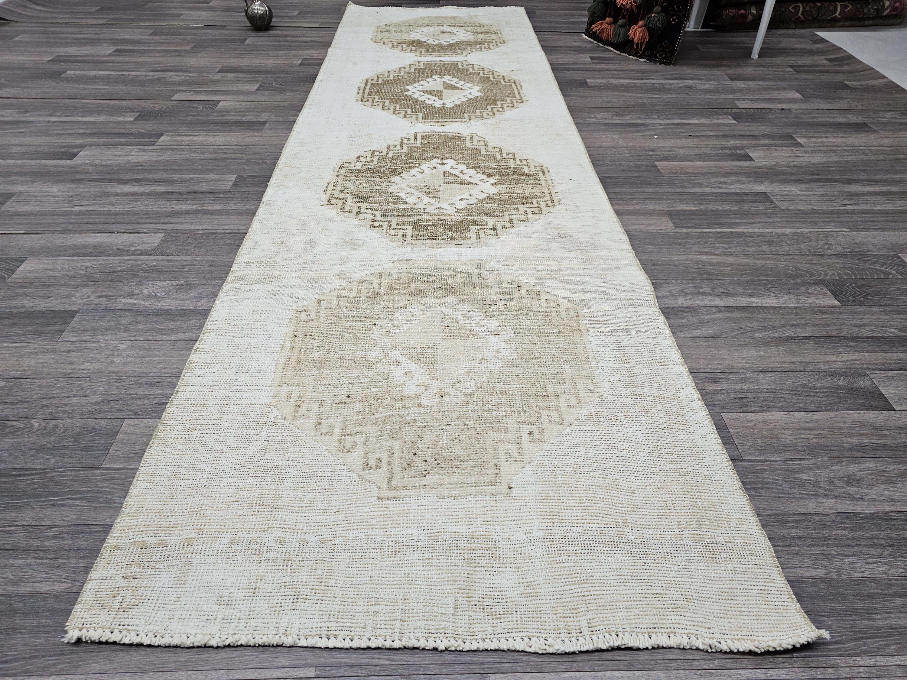 Vintage Hand-Knotted Wool Runner Rug: 3x10.5 ft Beige Brown Oriental
