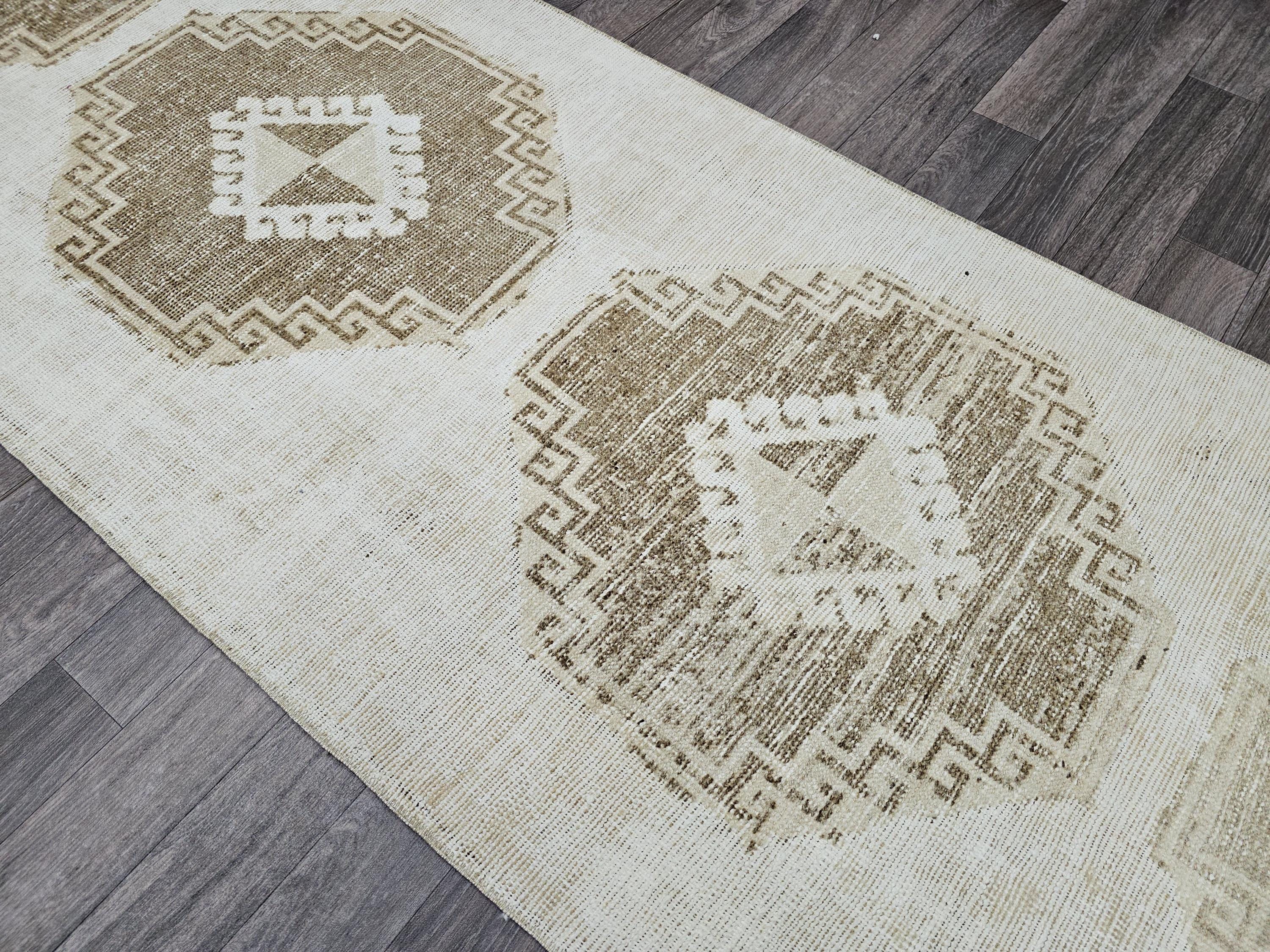 Vintage Hand-Knotted Wool Runner Rug: 3x10.5 ft Beige Brown Oriental
