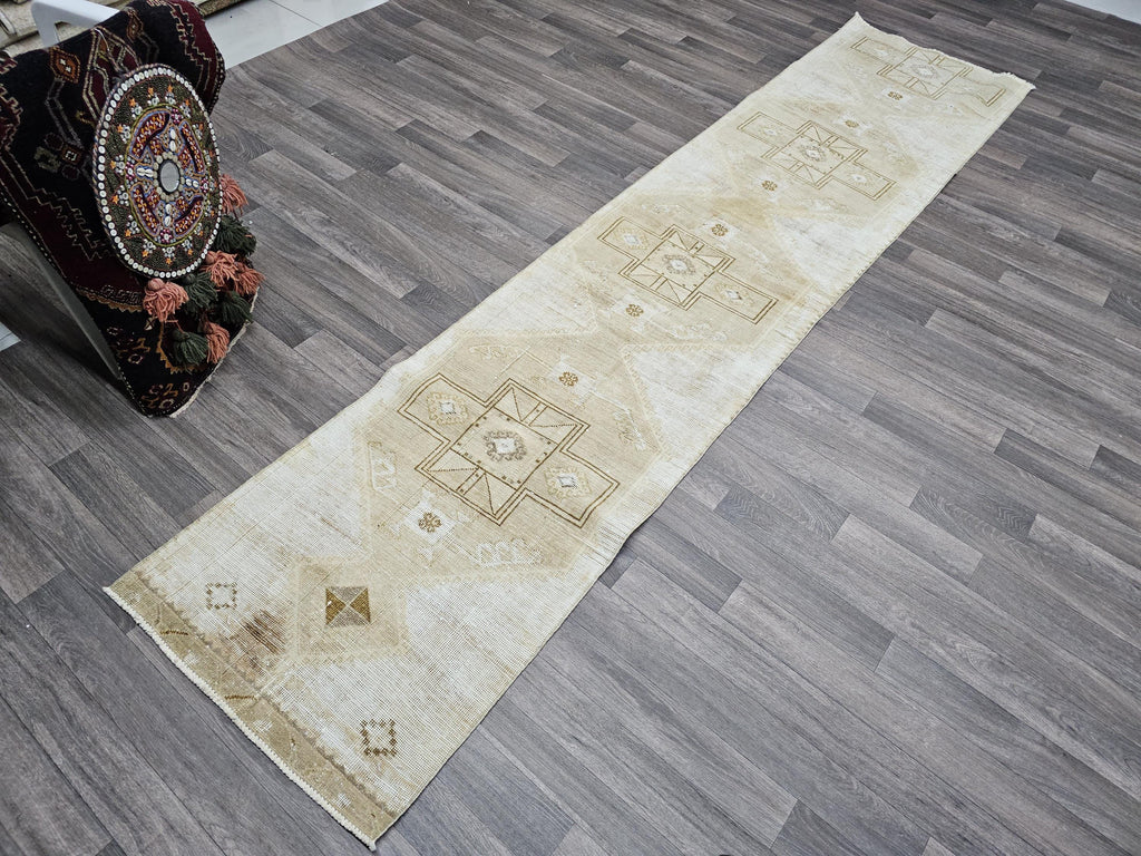 Vintage Oushak Runner: Hand-Knotted Wool & Cotton, Neutral Rug (2.40x10.70 ft)