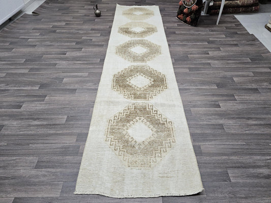 3x12 Vintage Neutral Hallway Runner Rug non-slip Hand Knotted Wool Oriental Muted Runner Beige and Brown