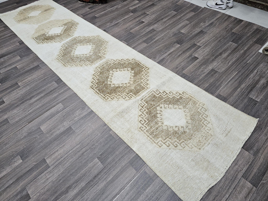 Hand Knotted Wool Turkish Runner 3x12: Neutral Oushak Hallway Rug