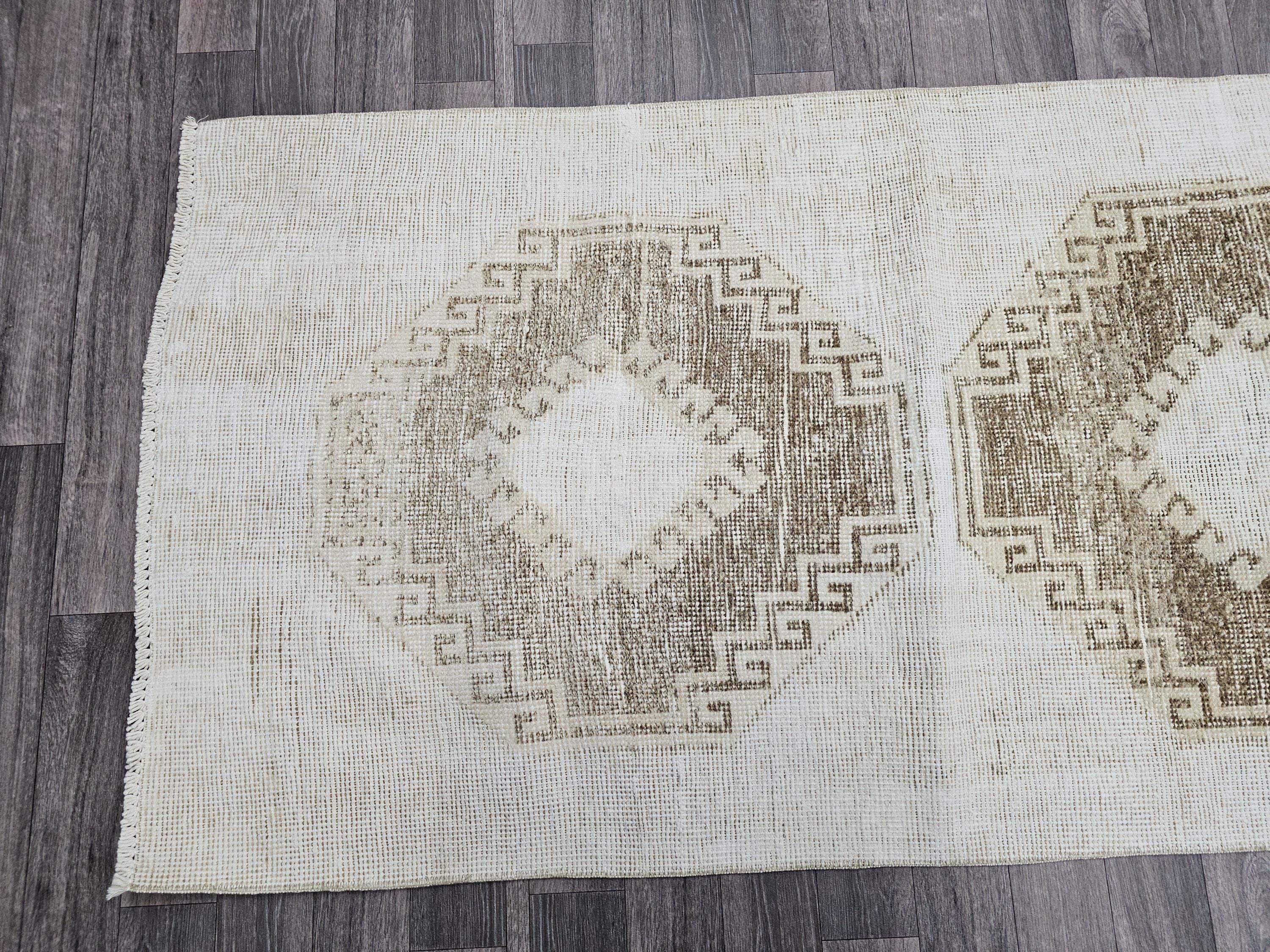 Hand Knotted Wool Turkish Runner 3x12: Neutral Oushak Hallway Rug