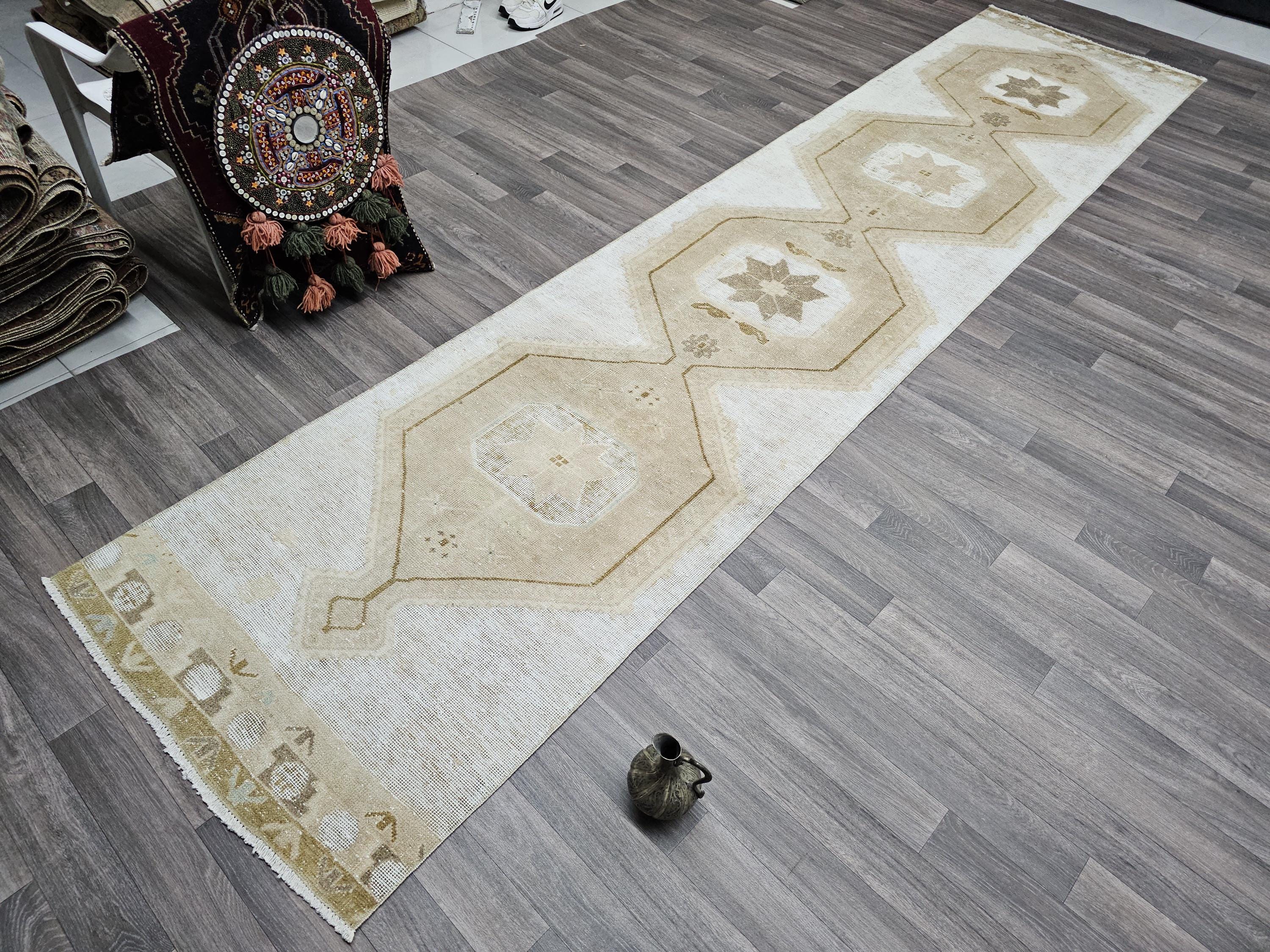 Neutral Turkish Oushak Runner Rug: Beige Cream Hallway Kitchen Rug (3x13)