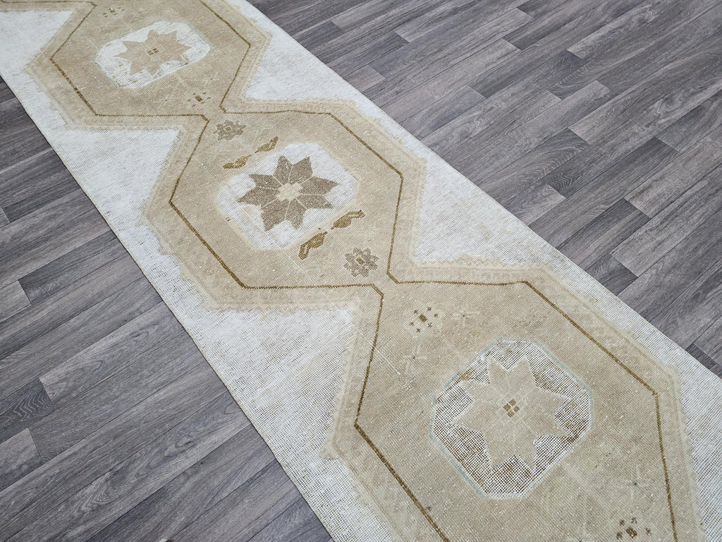 Neutral Turkish Oushak Runner Rug: Beige Cream Hallway Kitchen Rug (3x13)