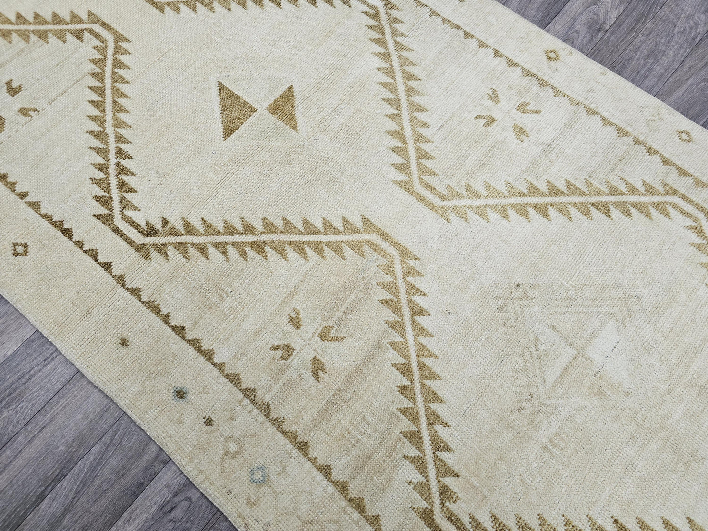 Wide Neutral Turkish Runner Beige Brown Geometric Pale Oushak Runner Handmade //3.40x12.15 feet