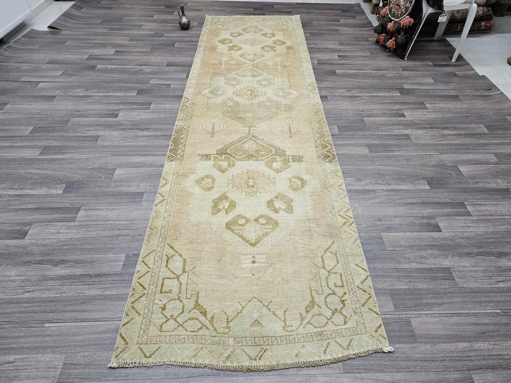 Wide Turkish Runner 3.35x11.70 feet Hand Knotted Vintage Oushak Runner Rug