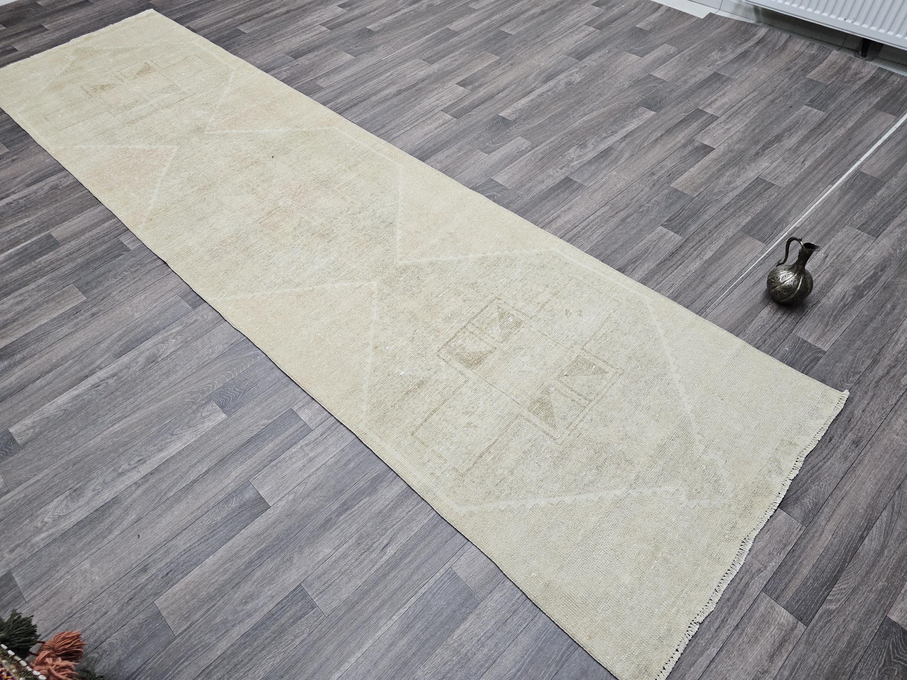 Handmade Wool Oushak Runner 3x12: Muted Vintage Turkish Rug