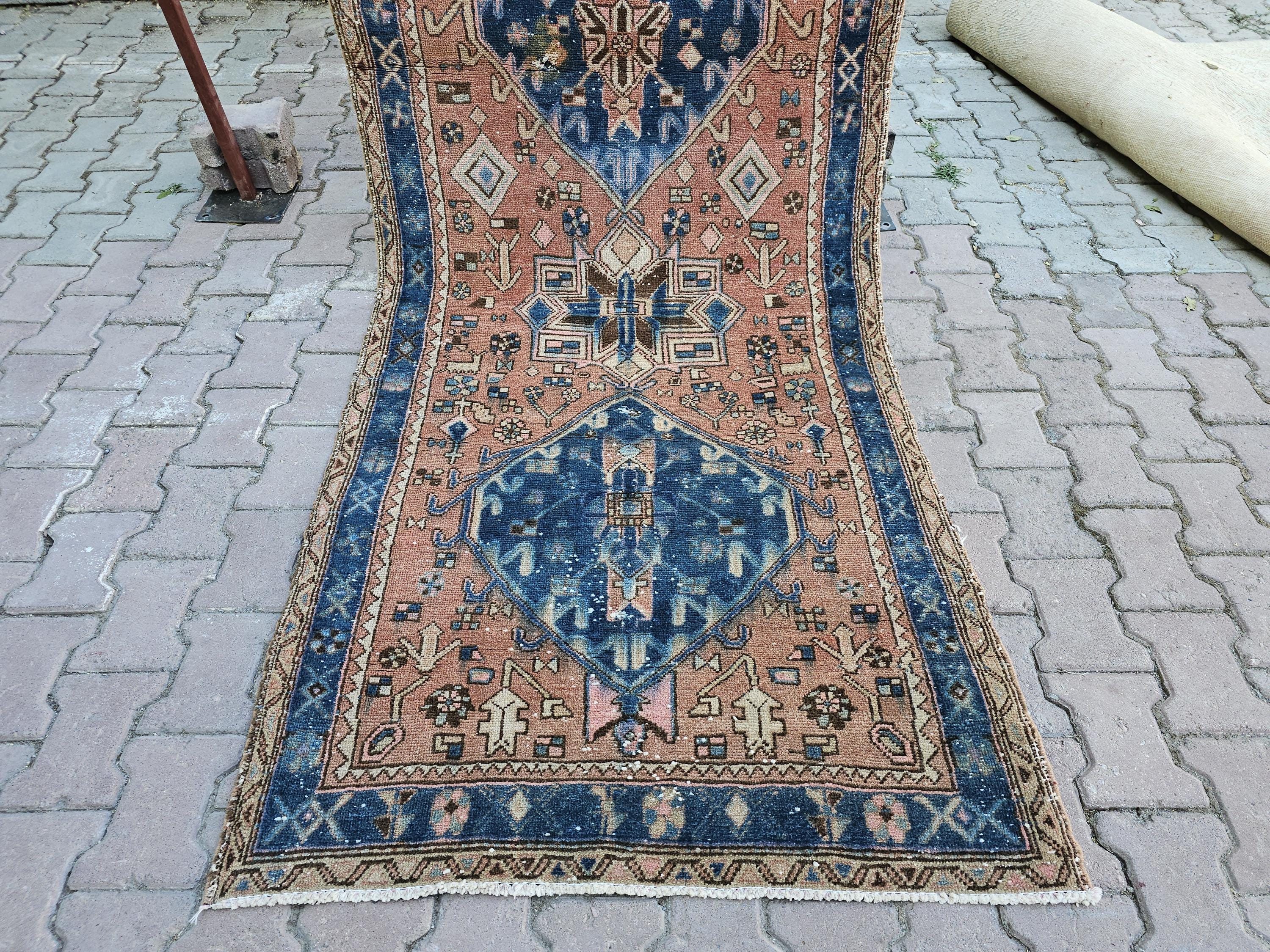 Antique Wool Runner Rug: Hand-Knotted Geometric Design (3.50x10.60 ft)