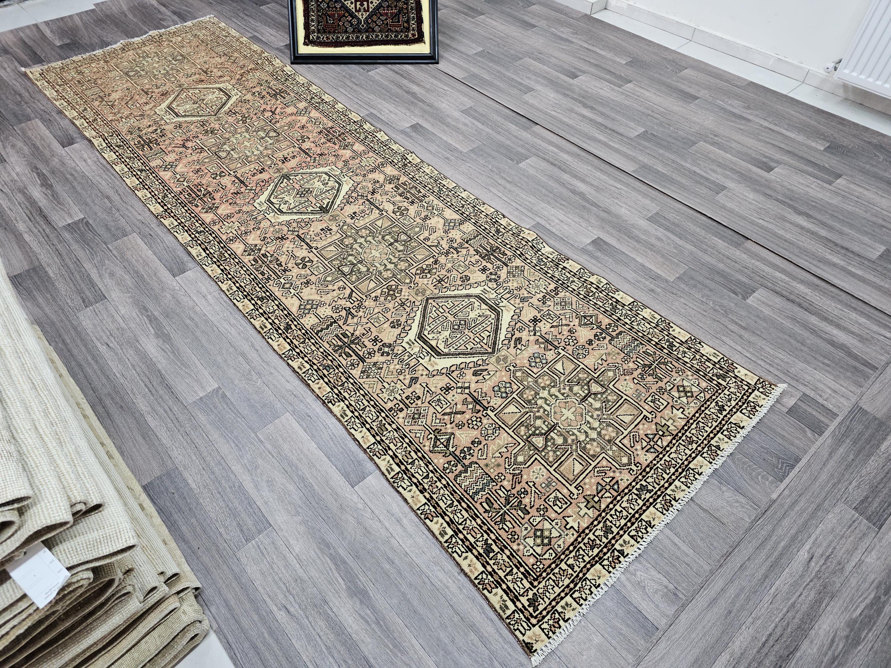 Vintage Persian Runner Rug: Hand-Knotted Wool, Geometric Hallway Aisle Rug (3.10x10.80 feet)