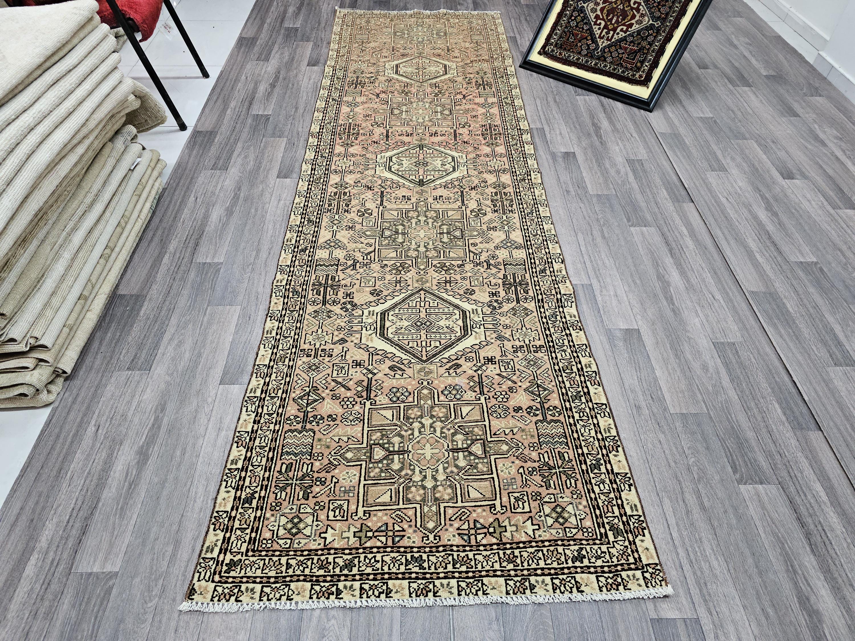 Vintage Persian Runner Rug: Hand-Knotted Wool, Geometric Hallway Aisle Rug (3.10x10.80 feet)