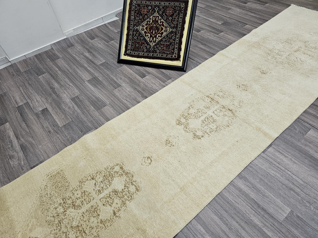 Neutral Turkish Runner Rug: 3x12.5 ft Vintage Oushak Wool Hallway Rug