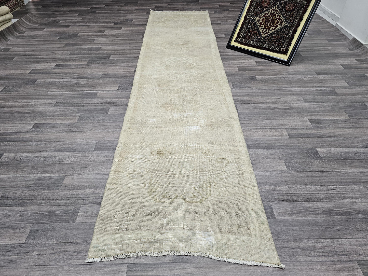 3x12 Narrow Neutral Runner Rug - Hand Knotted Wool Runner - Runner for Side of Bed - Master Bathroom Runner - Boho Runner /2.85x11.60 feet