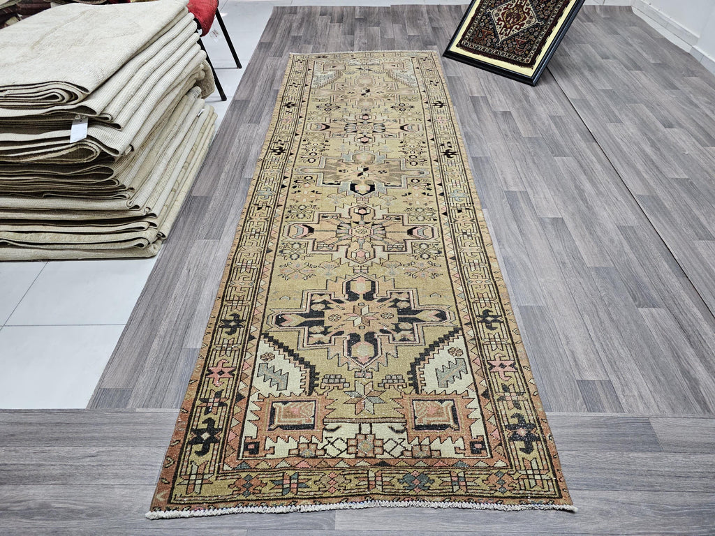 Hand Knotted Wool Turkish Runner Rug: Vintage Geometric Design