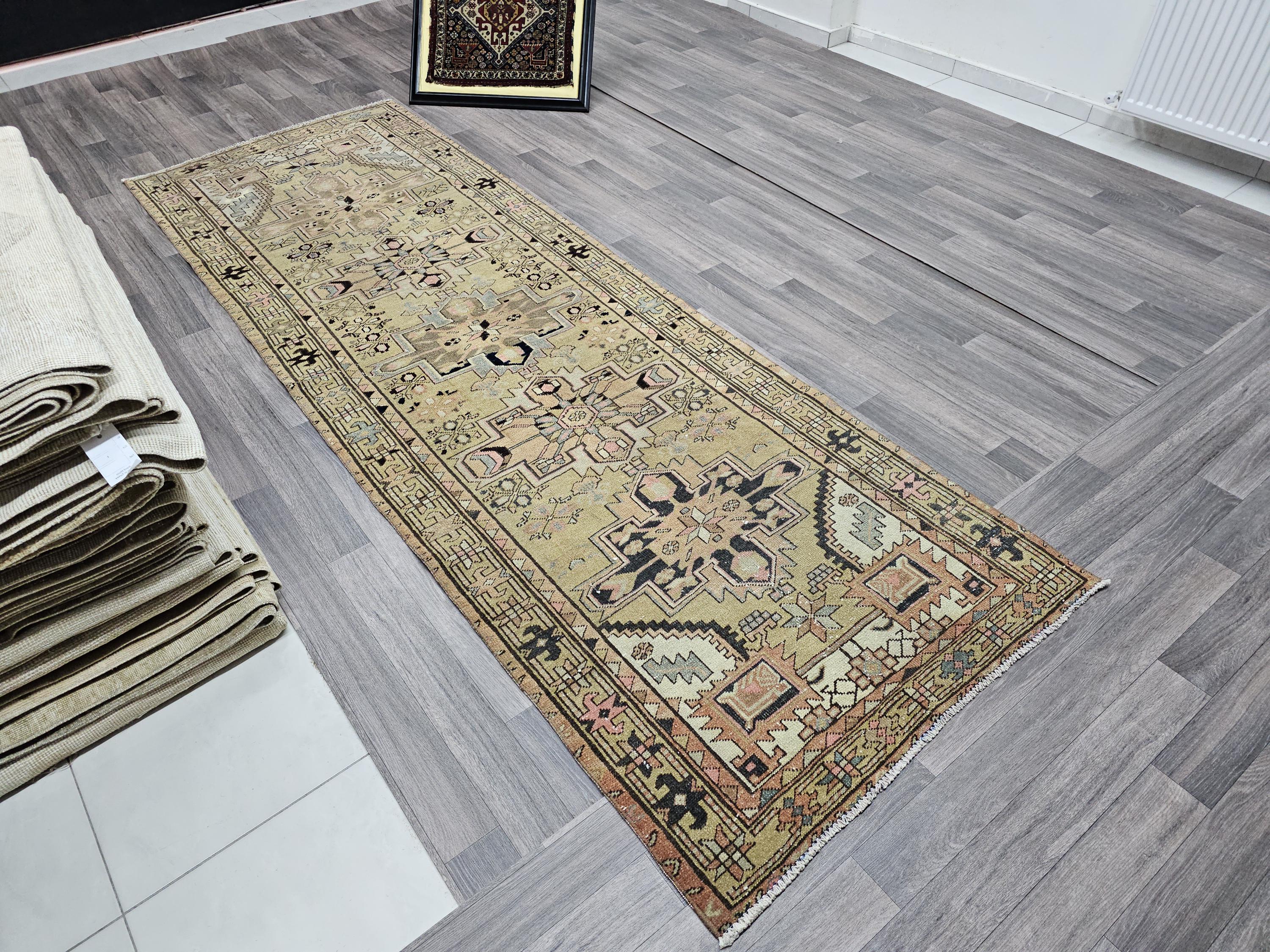 Hand Knotted Wool Turkish Runner Rug: Vintage Geometric Design