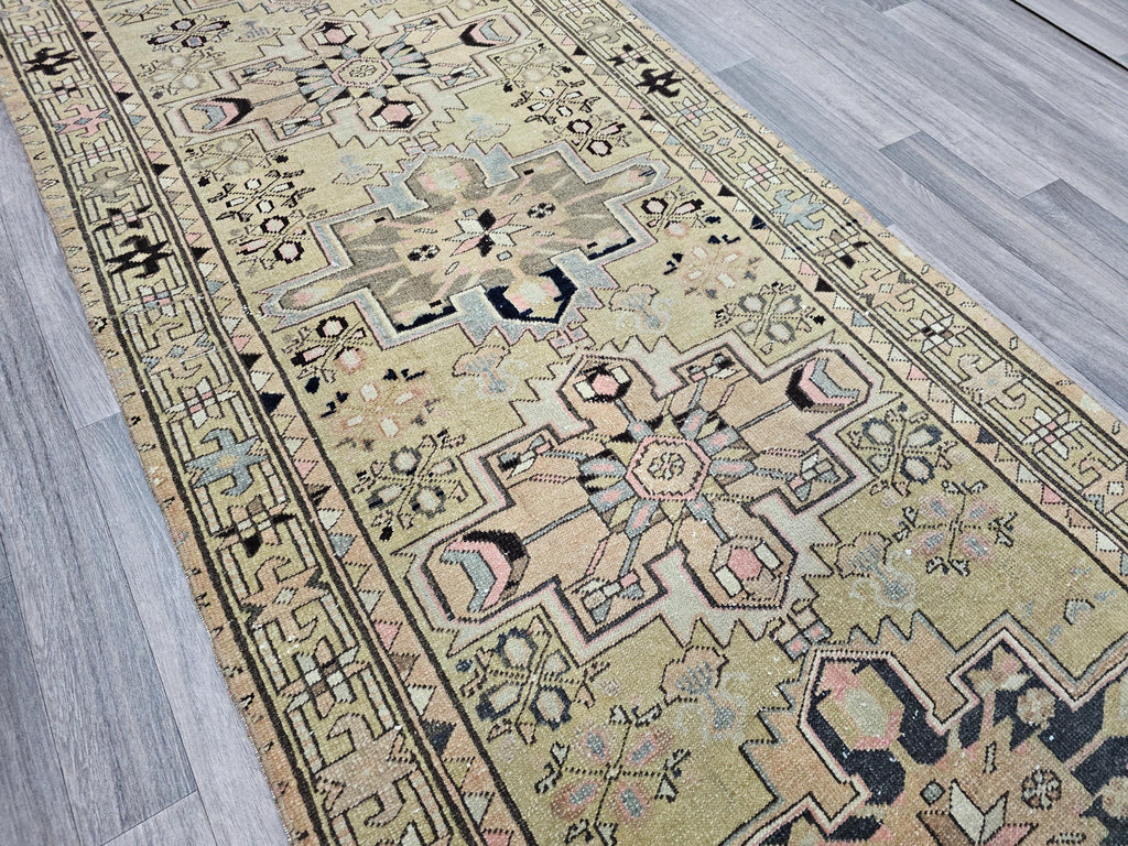 Hand Knotted Wool Turkish Runner Rug: Vintage Geometric Design