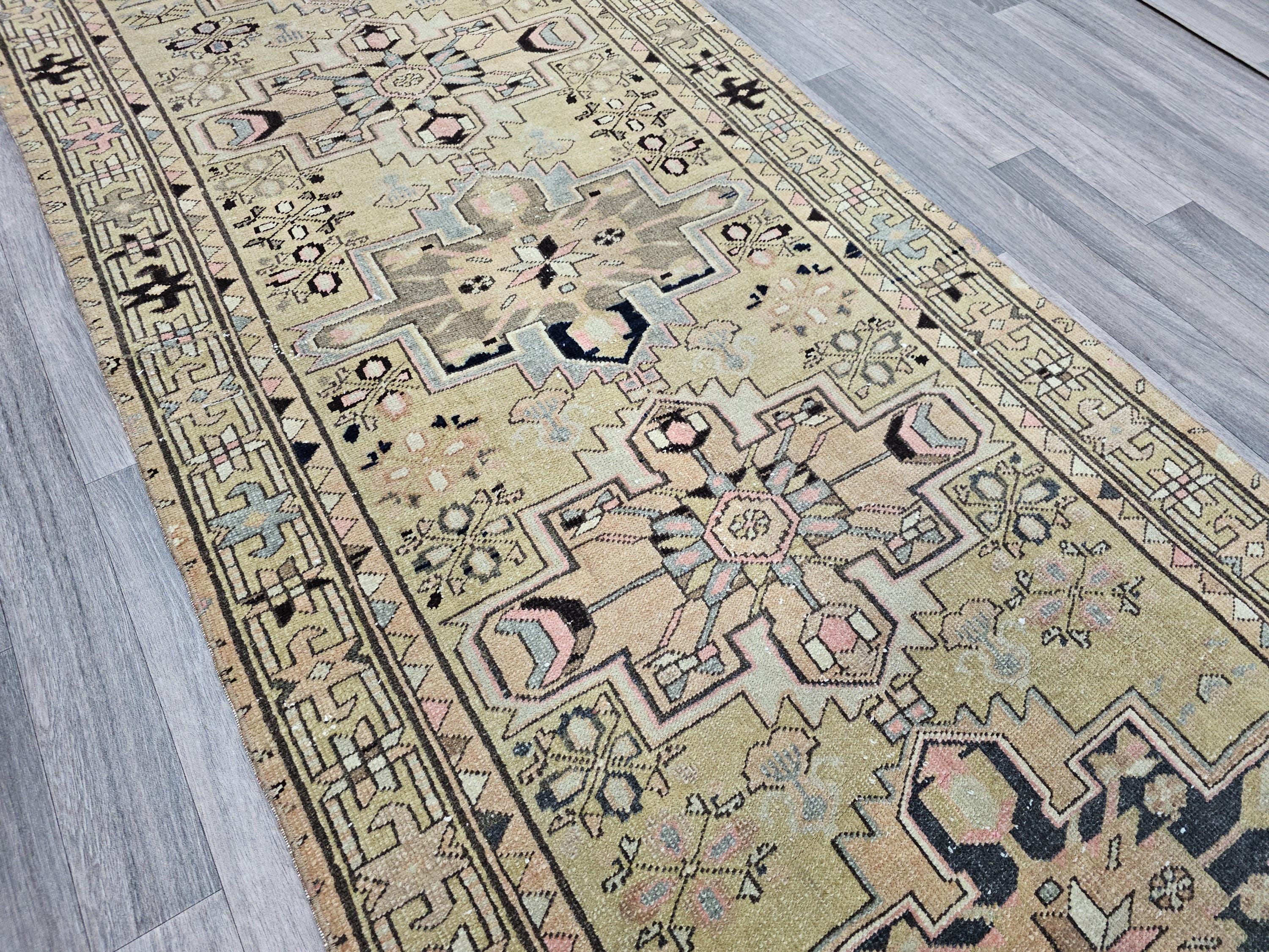 Hand Knotted Wool Turkish Runner Rug: Vintage Geometric Design