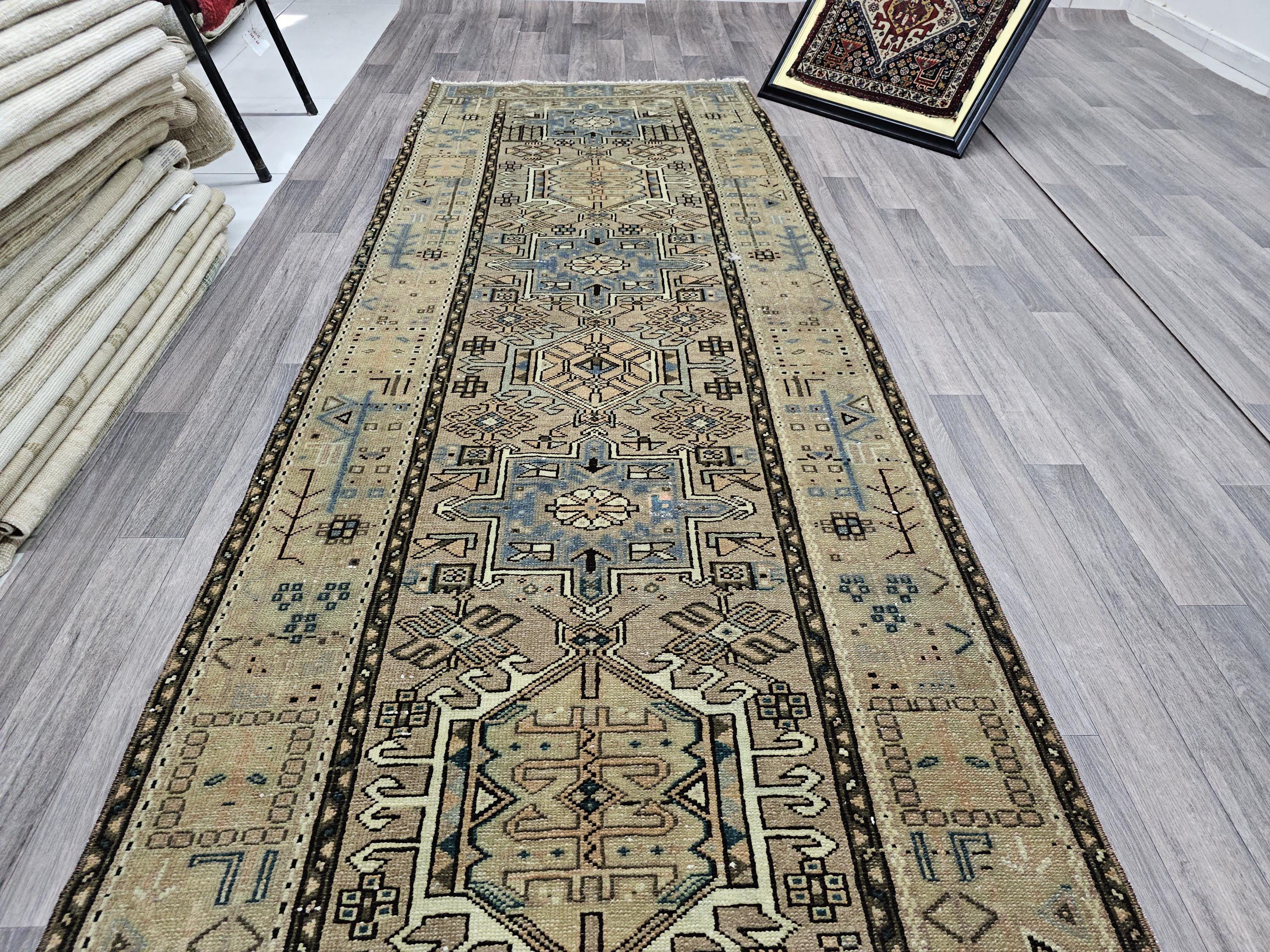 Handknotted Wool Turkish Runner Rug: Vintage Kitchen Rug (3.30x11.25 feet)