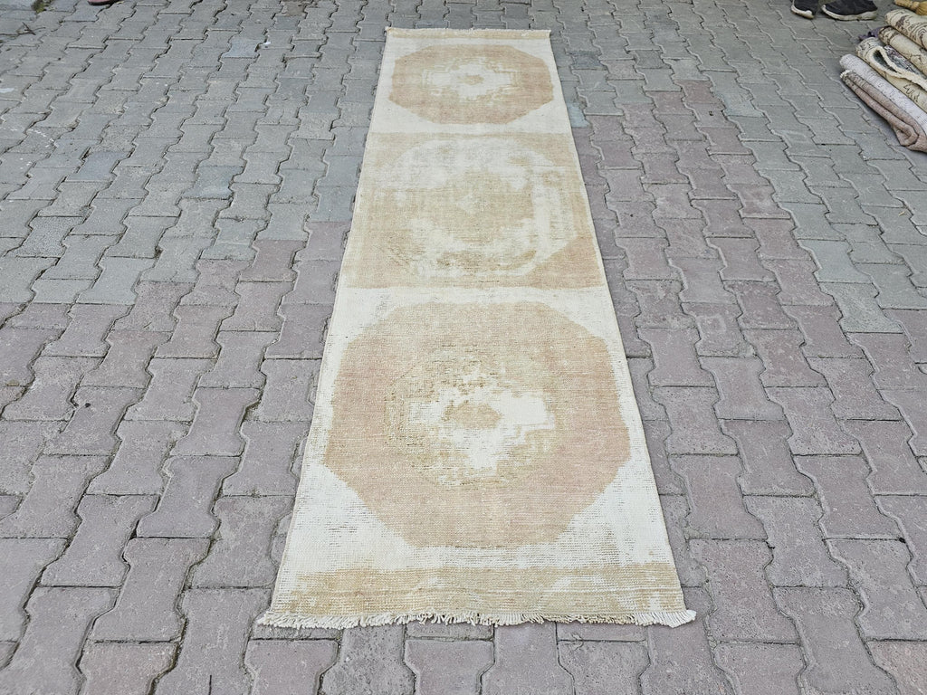 Hand Knotted Turkish Wool Runner: Neutral Vintage Bohemian Rug (2.5x9)