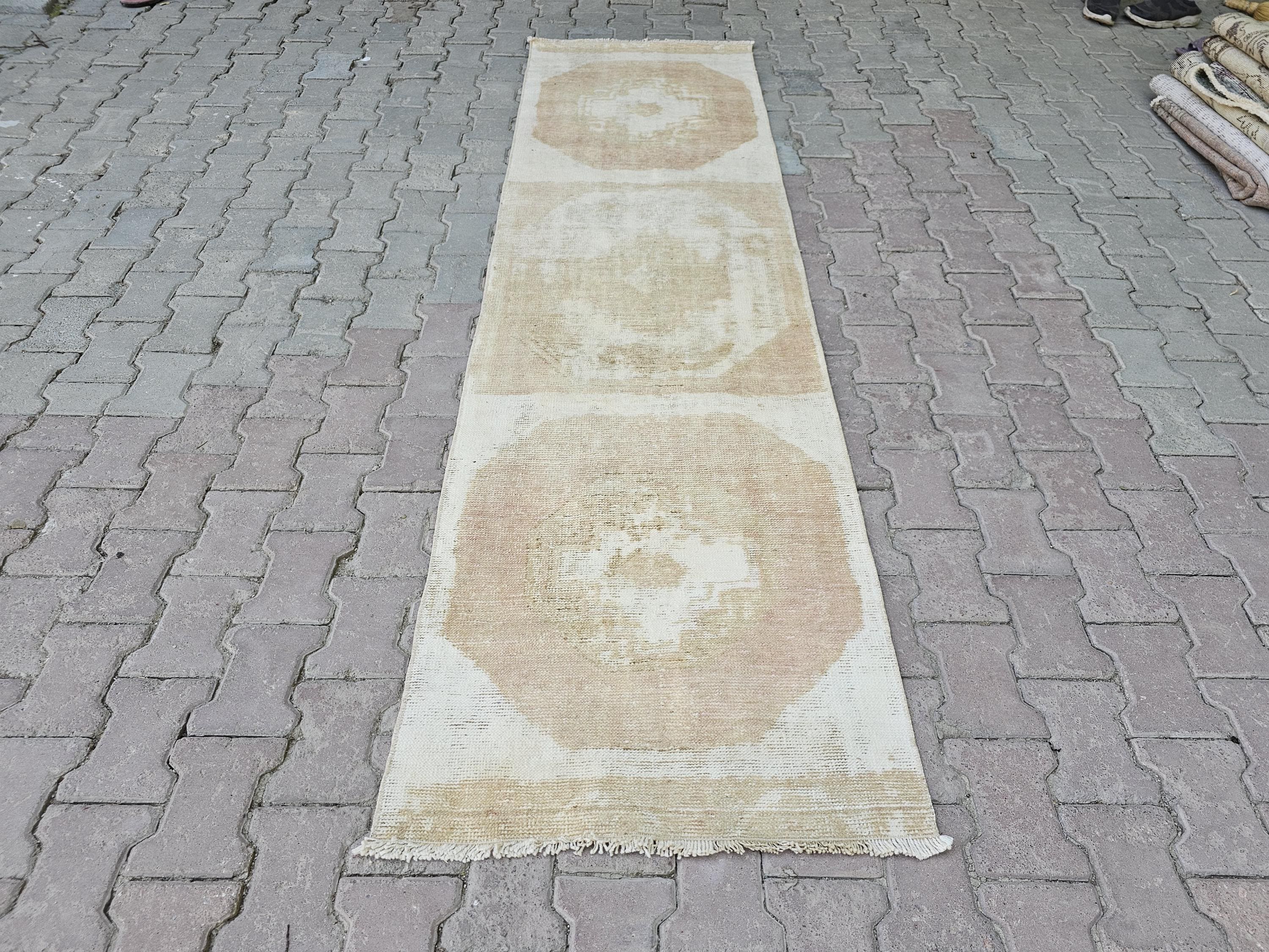 Hand Knotted Turkish Wool Runner: Neutral Vintage Bohemian Rug (2.5x9)