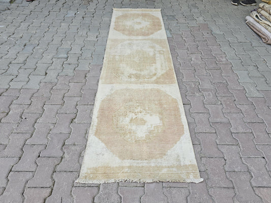 2.5x9 Hand Knotted Turkish Runner , Neutral Vintage Rug for Hallway and Aisle, Unique Turkish Rug, Bohemian Style, Handmade Wool Area Rug