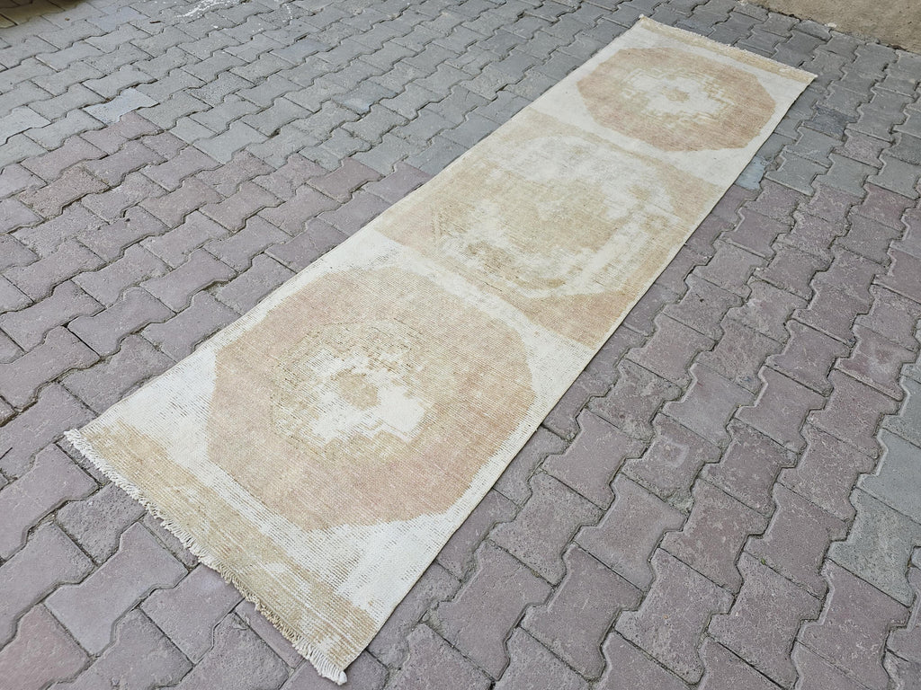 Hand Knotted Turkish Wool Runner: Neutral Vintage Bohemian Rug (2.5x9)
