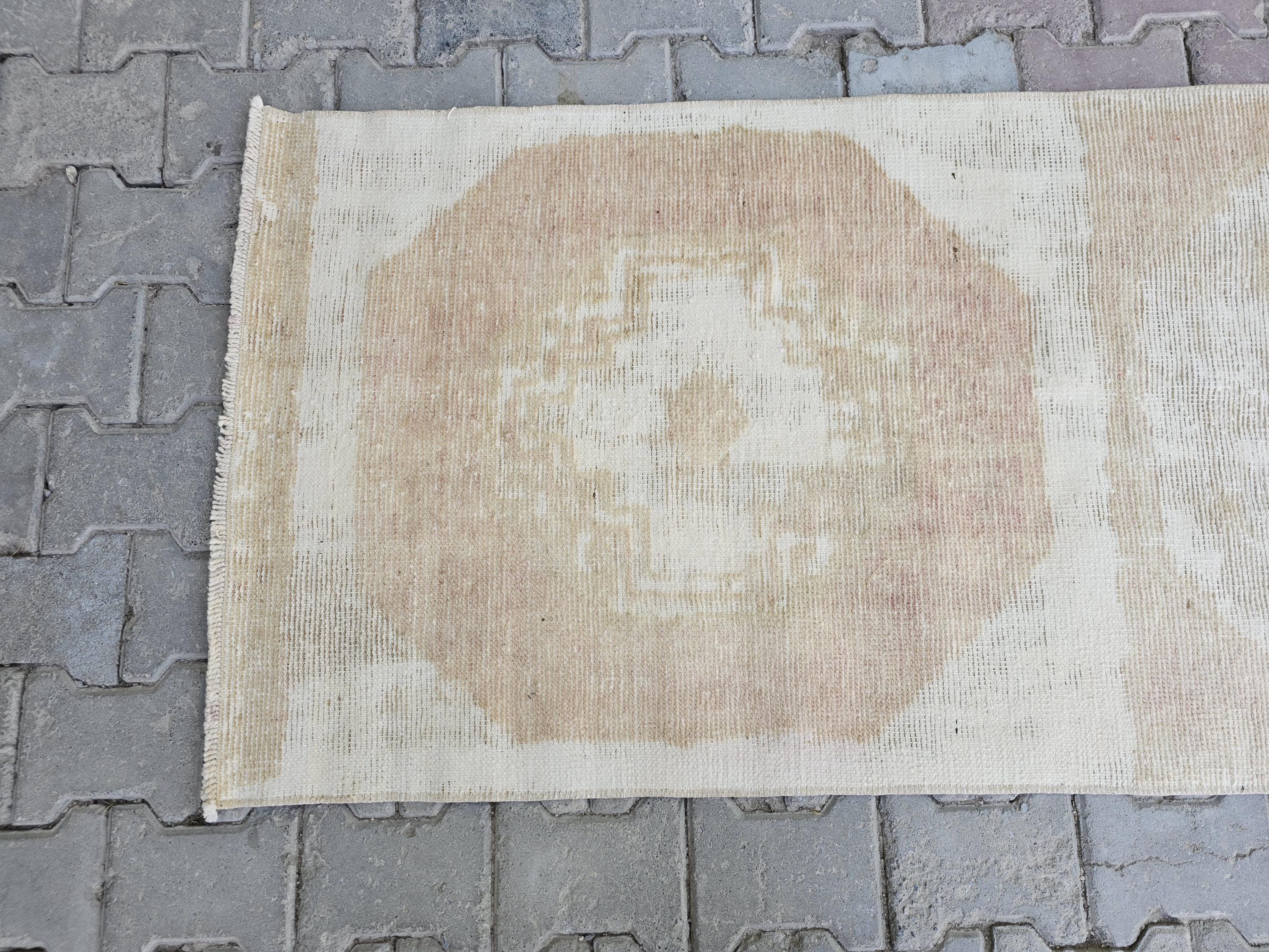 Hand Knotted Turkish Wool Runner: Neutral Vintage Bohemian Rug (2.5x9)