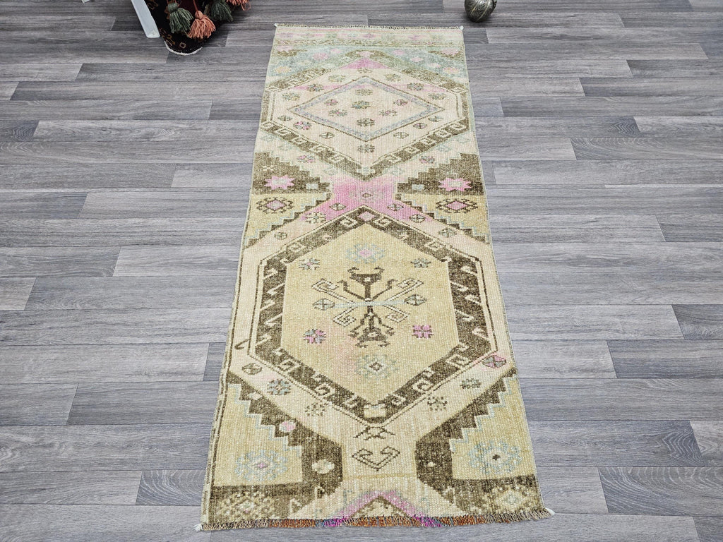 Hand Knotted Turkish Wool Runner Rug: Muted Neutral Colors, 2x6 ft