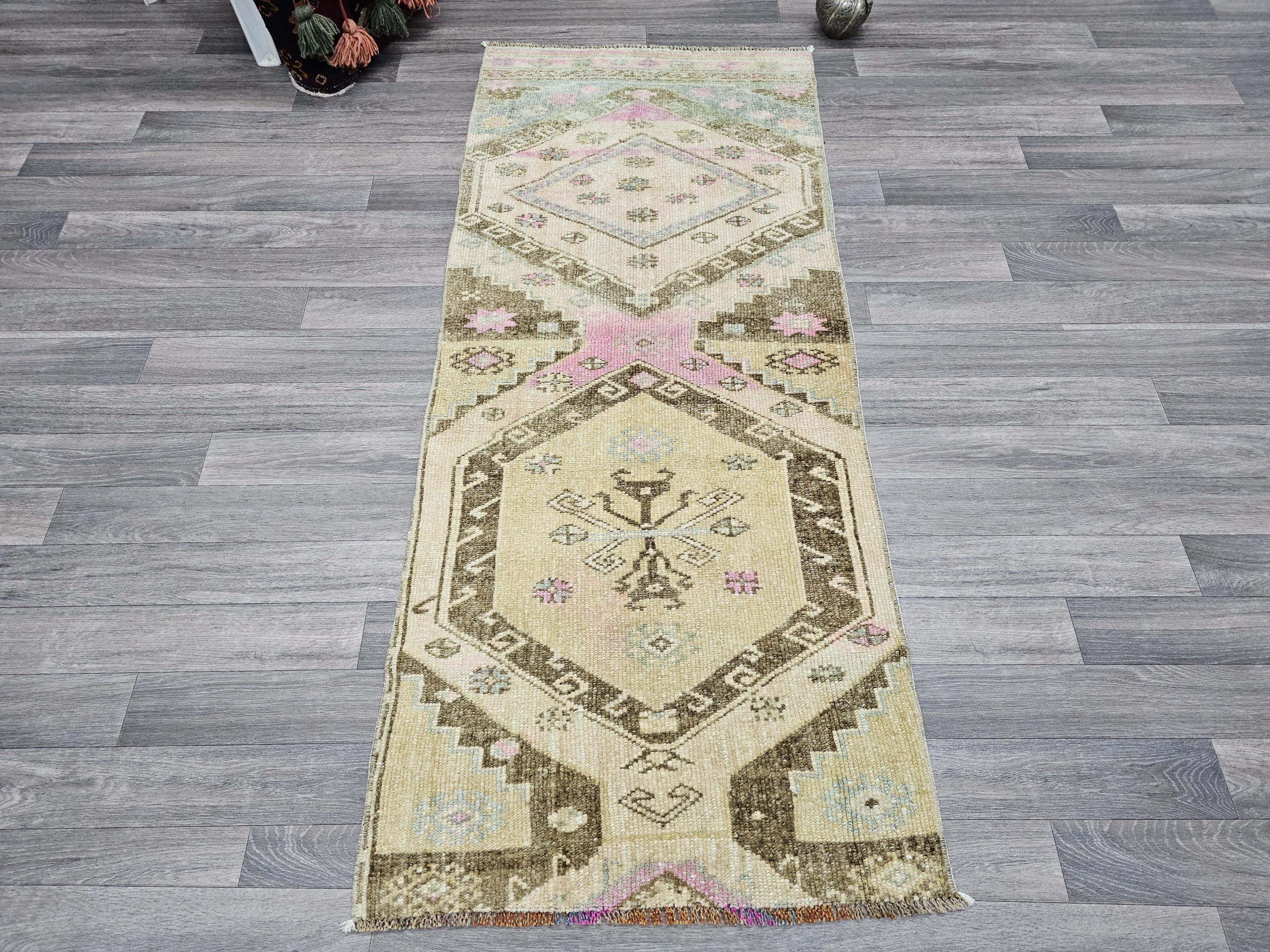 Hand Knotted Turkish Wool Runner Rug: Muted Neutral Colors, 2x6 ft