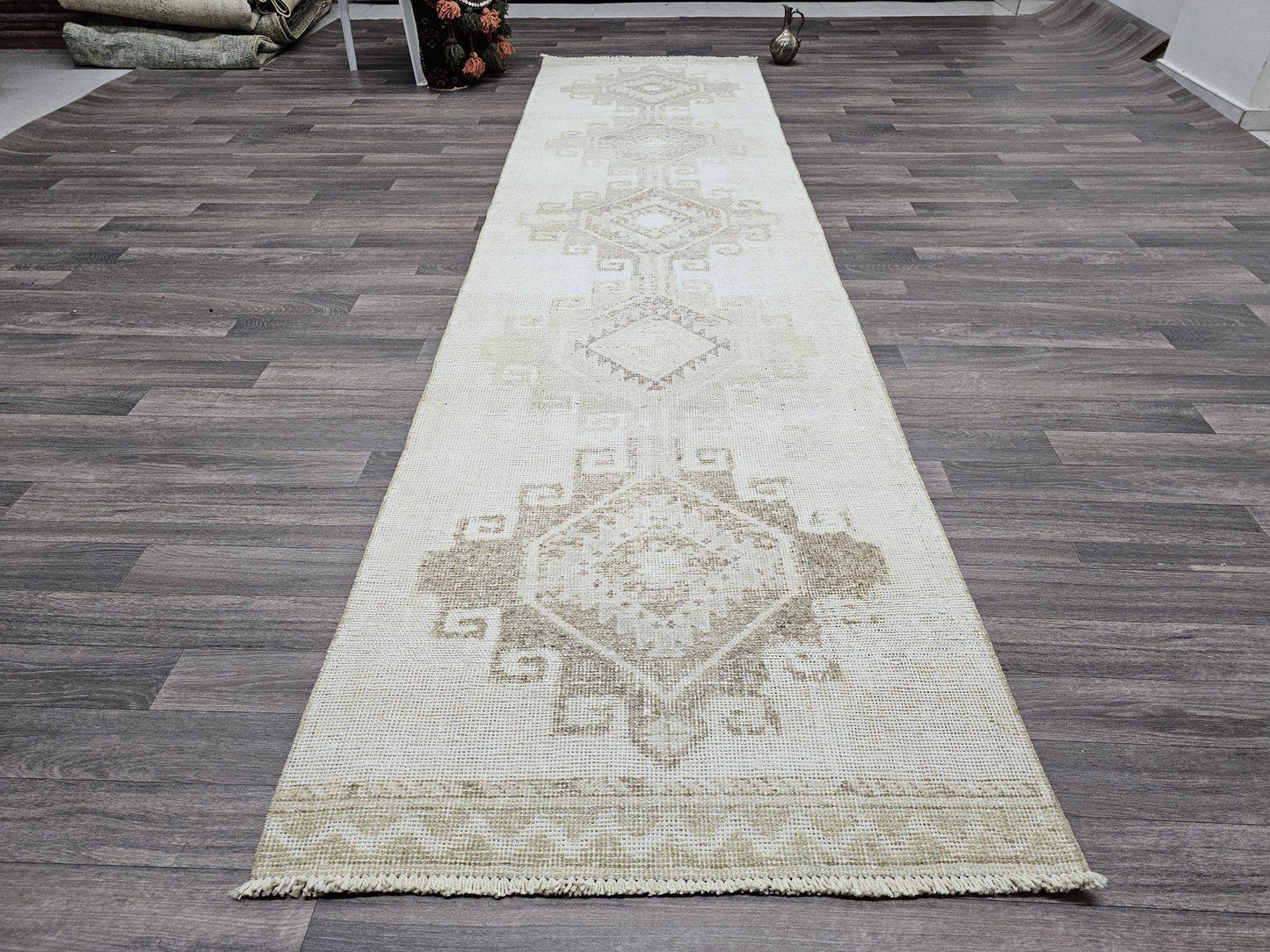 Vintage Runner 3x12 - Hand Knotted Wool Runner Rug - Neutral Oushak Runner For Hallway and Kitchen - Cream Beige Brown Runner - Faded Runner