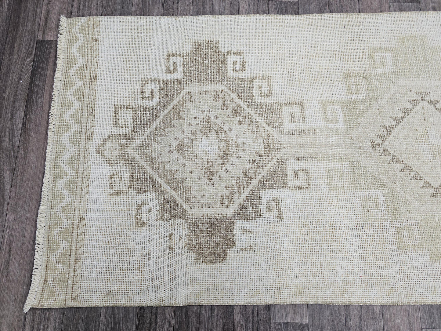 Vintage Runner 3x12 - Hand Knotted Wool Runner Rug - Neutral Oushak Runner For Hallway and Kitchen - Cream Beige Brown Runner - Faded Runner