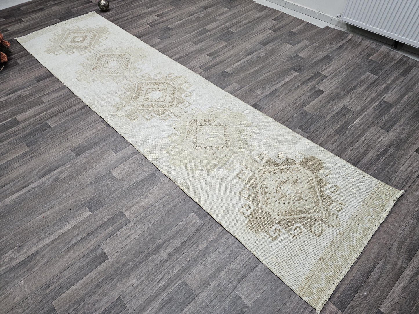 Vintage Runner 3x12 - Hand Knotted Wool Runner Rug - Neutral Oushak Runner For Hallway and Kitchen - Cream Beige Brown Runner - Faded Runner