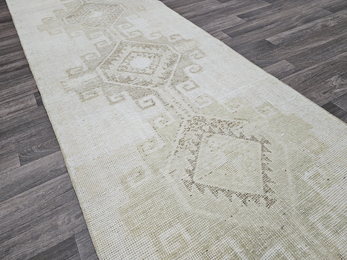 Vintage Runner 3x12 - Hand Knotted Wool Runner Rug - Neutral Oushak Runner For Hallway and Kitchen - Cream Beige Brown Runner - Faded Runner