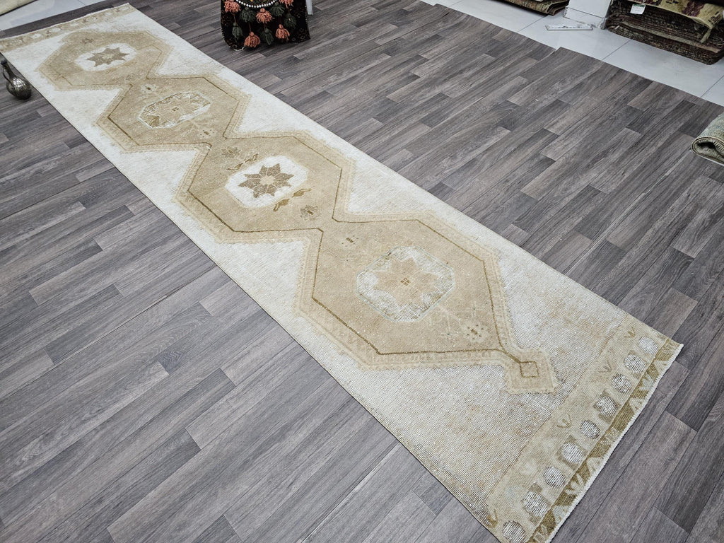 Extra Long Oushak Runner Rug: 3x14 Vintage Turkish Hallway Rug