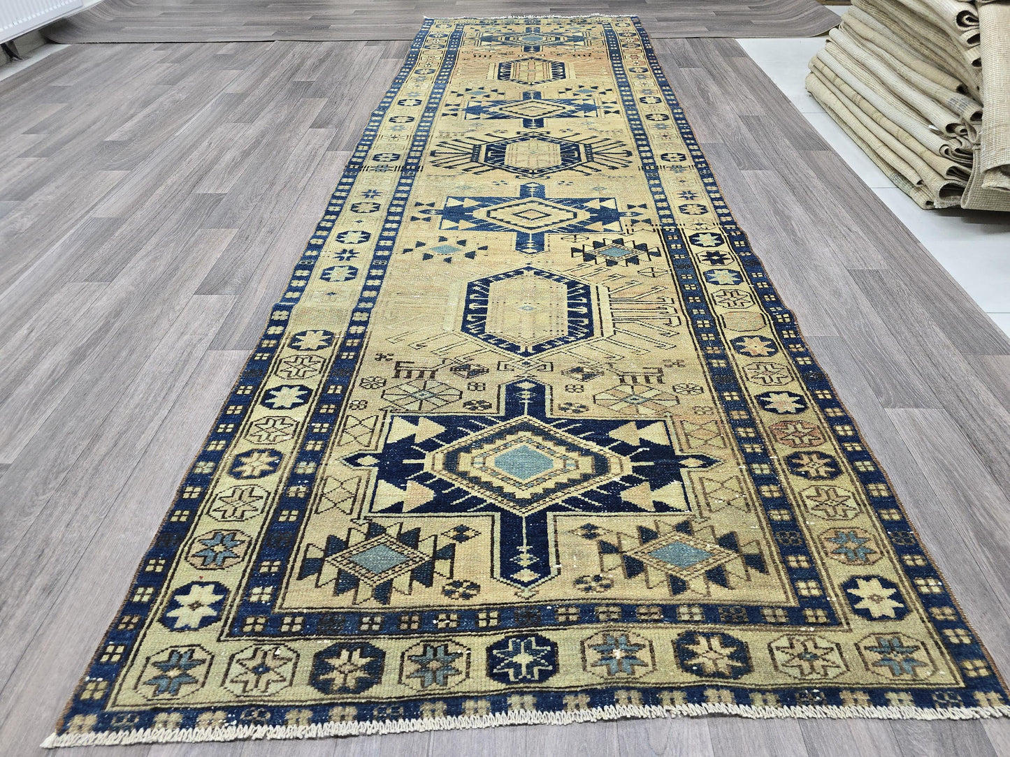 Vintage Traditional Runner Rug /3.40x11 feet / Hand Knotted Wool Oushak Runner for Hallway and Aisle - Master Bath Runner Rug