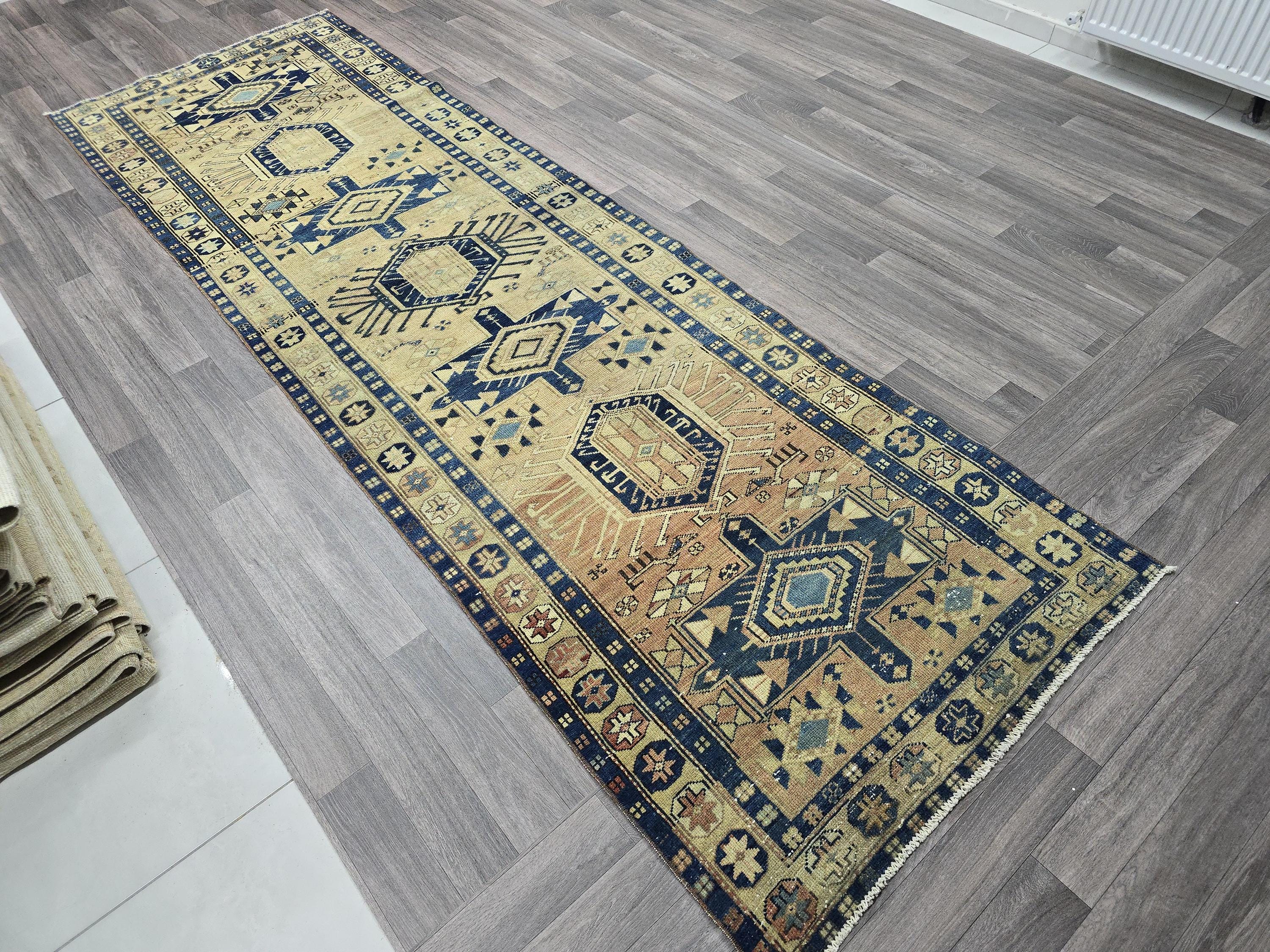 Vintage Hand-Knotted Wool Oushak Runner Rug: Traditional Hallway Aisle Rug (3.40x11 feet)