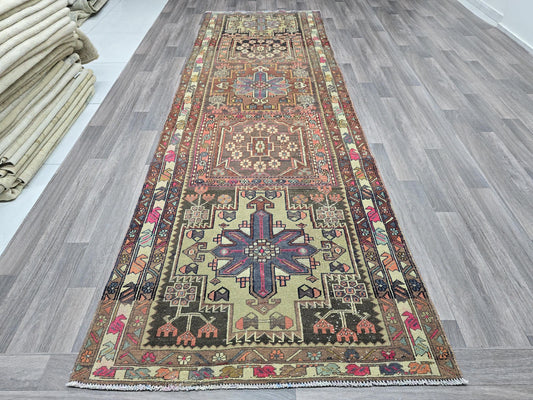 4x11 Vintage Turkish Rug Runner for Wide Hallway, Entry and Kitchen - Hand Knotted Wool Anatolian Traditional Runner Pastel Colors