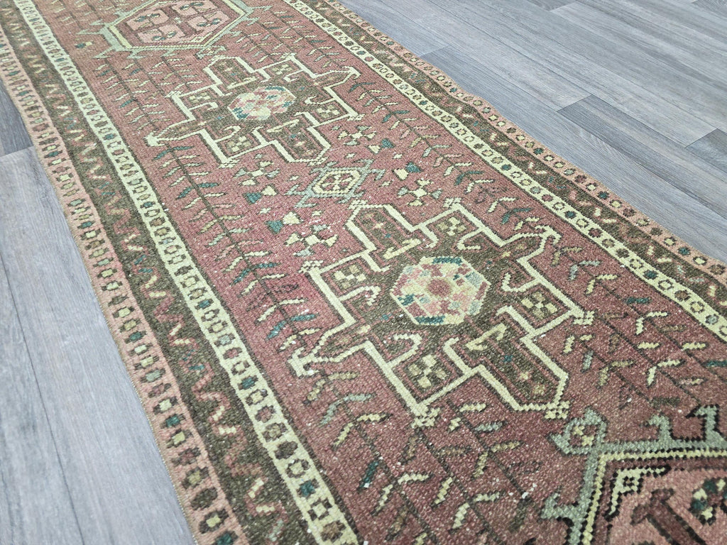 Hand Knotted Wool Heriz Runner Rug: 2.5x14 Long Persian Hallway Carpet