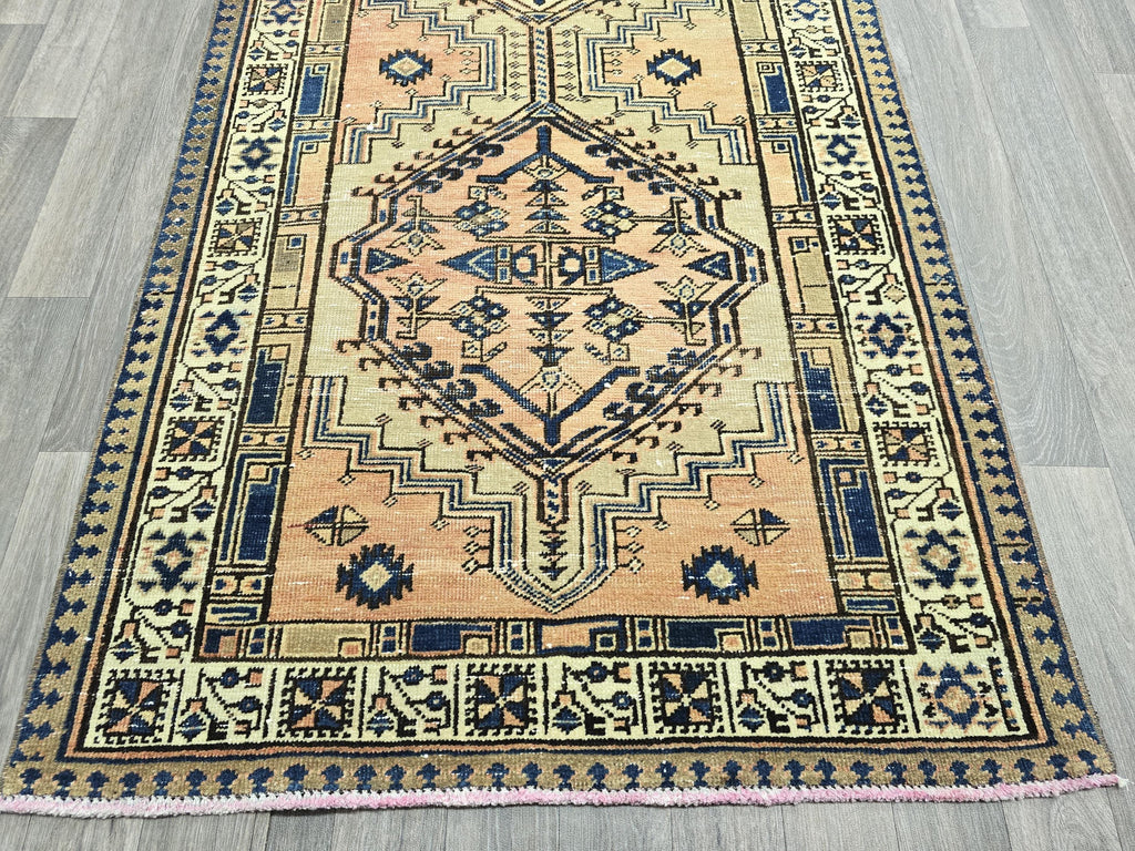 Vintage Heriz Wool Runner: Hand-Knotted Pastel Oushak Rug (3.40x13.30 ft)
