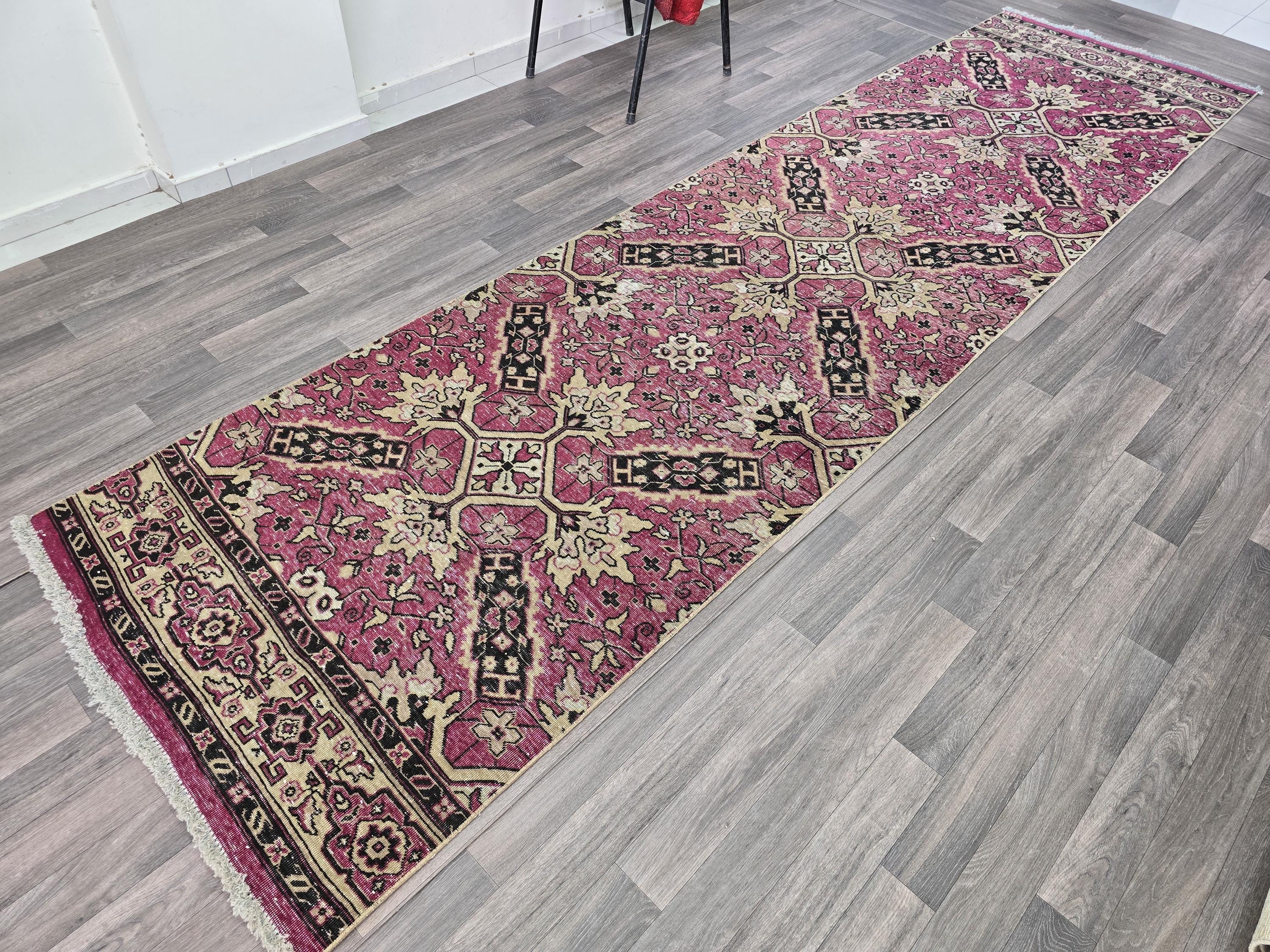 Hand-Knotted Wool Runner Rug: Vintage Floral Bohemian Home Decor (3.60x13.65 Feet)