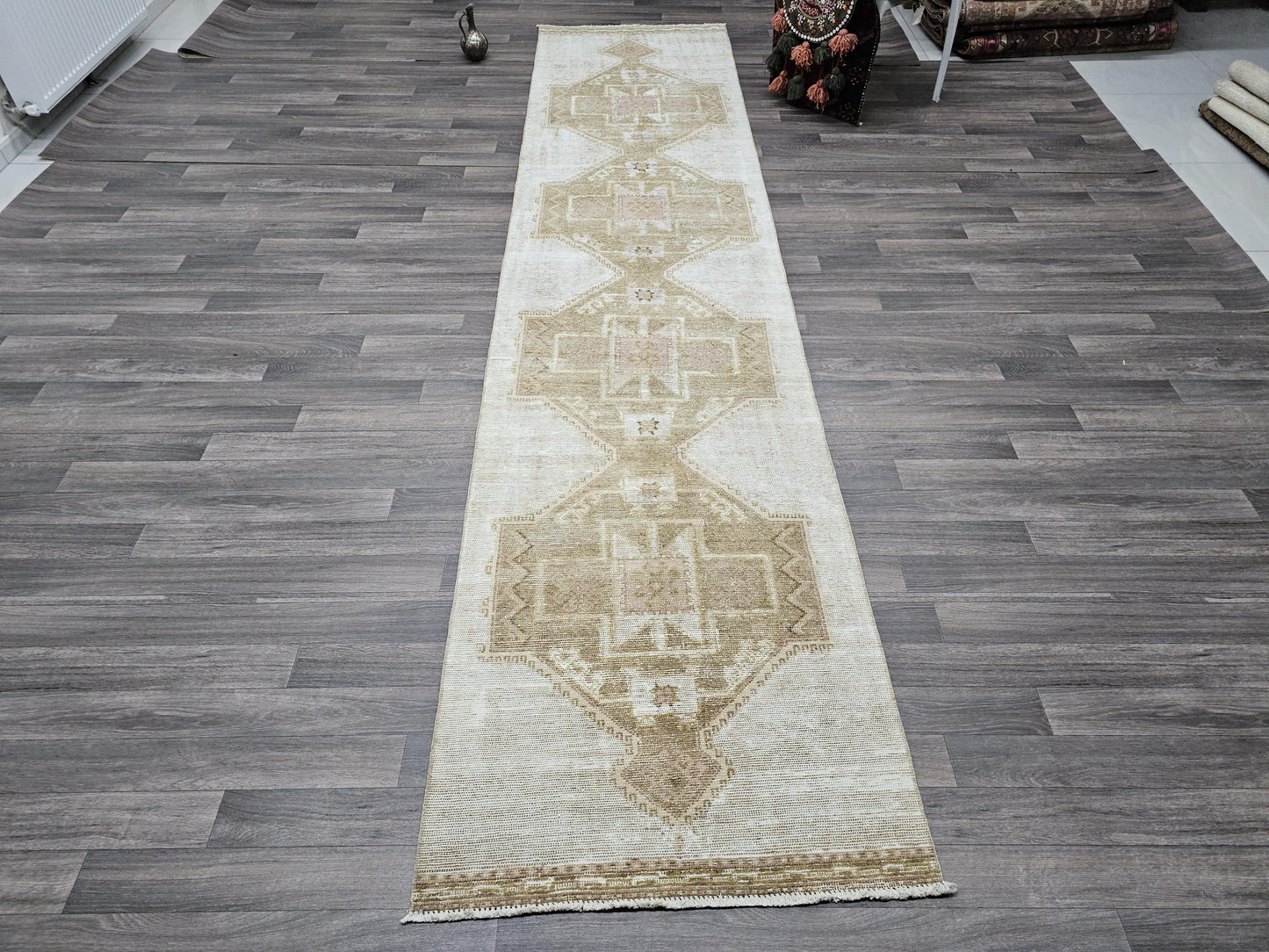 3x13 Neutral Vintage Turkish Oushak Runner for Hallway, Entry and Kitcen Muted Beige Brown geometric design