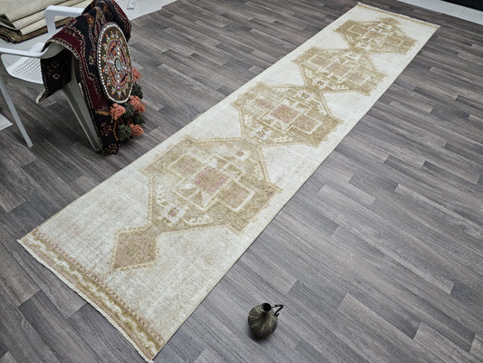 3x13 Neutral Vintage Turkish Oushak Runner for Hallway, Entry and Kitcen Muted Beige Brown geometric design