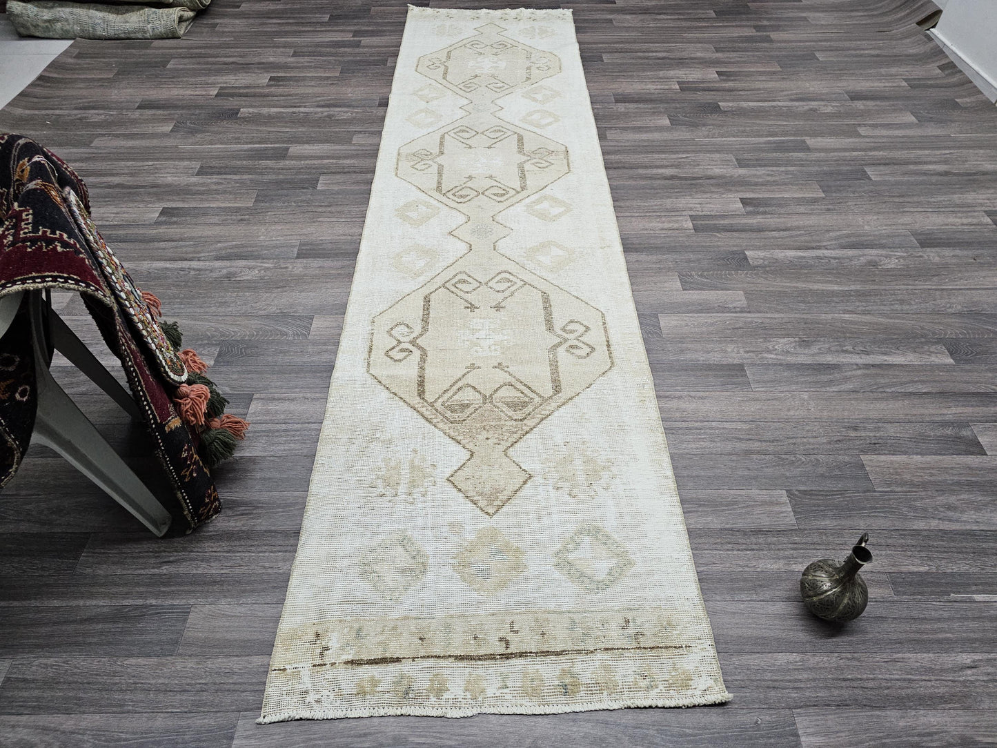 3x11 Hand Knotted Neutral Turkish Rug Runner for Kitchen and Aisle Cream beige brown geometric design //2.80x11.20 feet