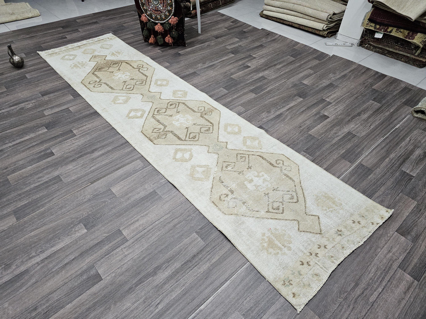 3x11 Hand Knotted Neutral Turkish Rug Runner for Kitchen and Aisle Cream beige brown geometric design //2.80x11.20 feet