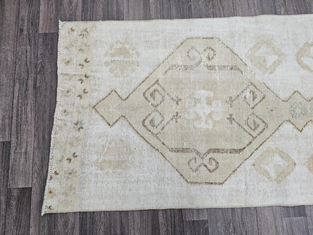 Hand Knotted Turkish Wool Runner: Neutral Geometric Design (3x11 feet)