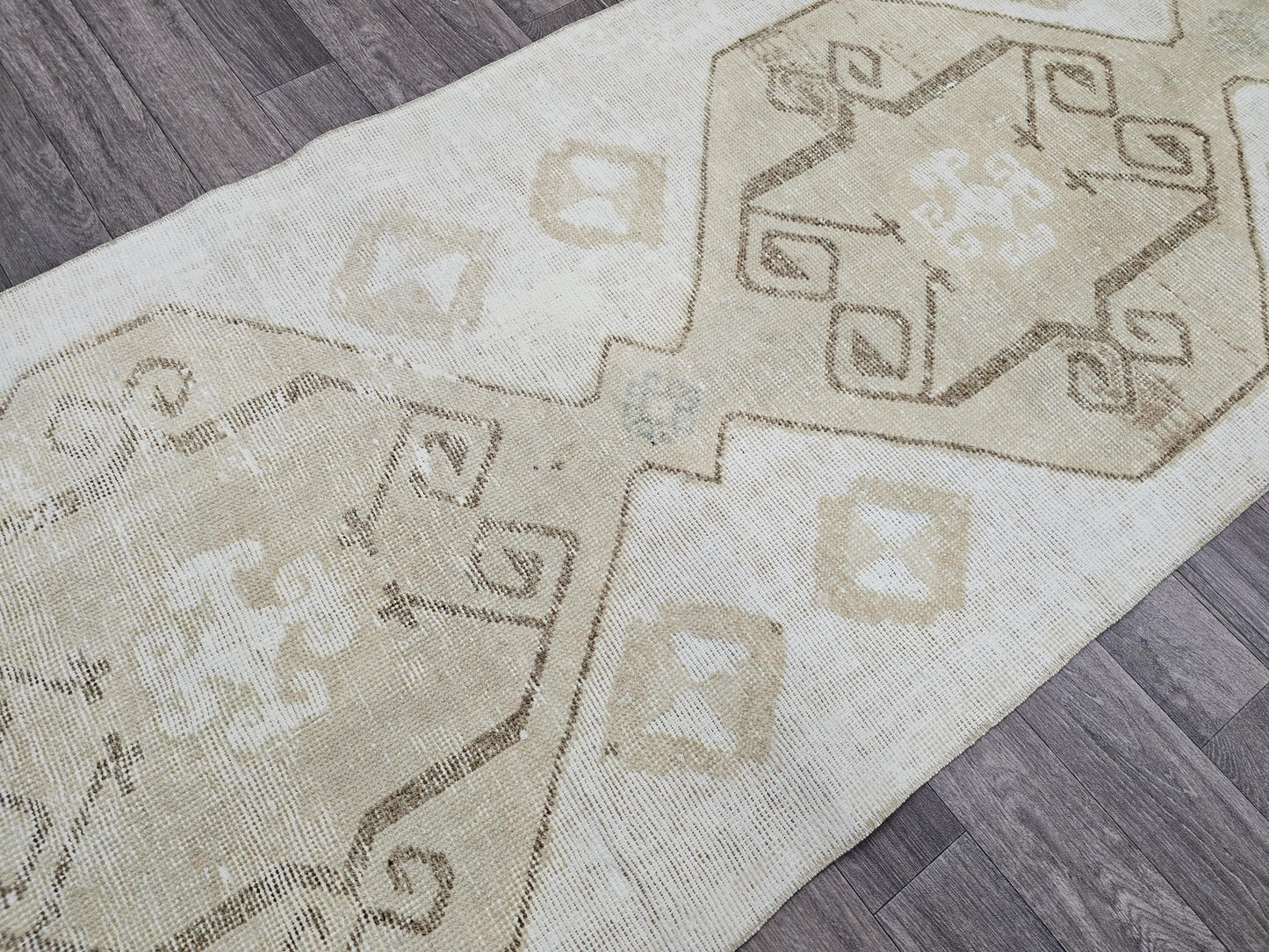 3x11 Hand Knotted Neutral Turkish Rug Runner for Kitchen and Aisle Cream beige brown geometric design //2.80x11.20 feet