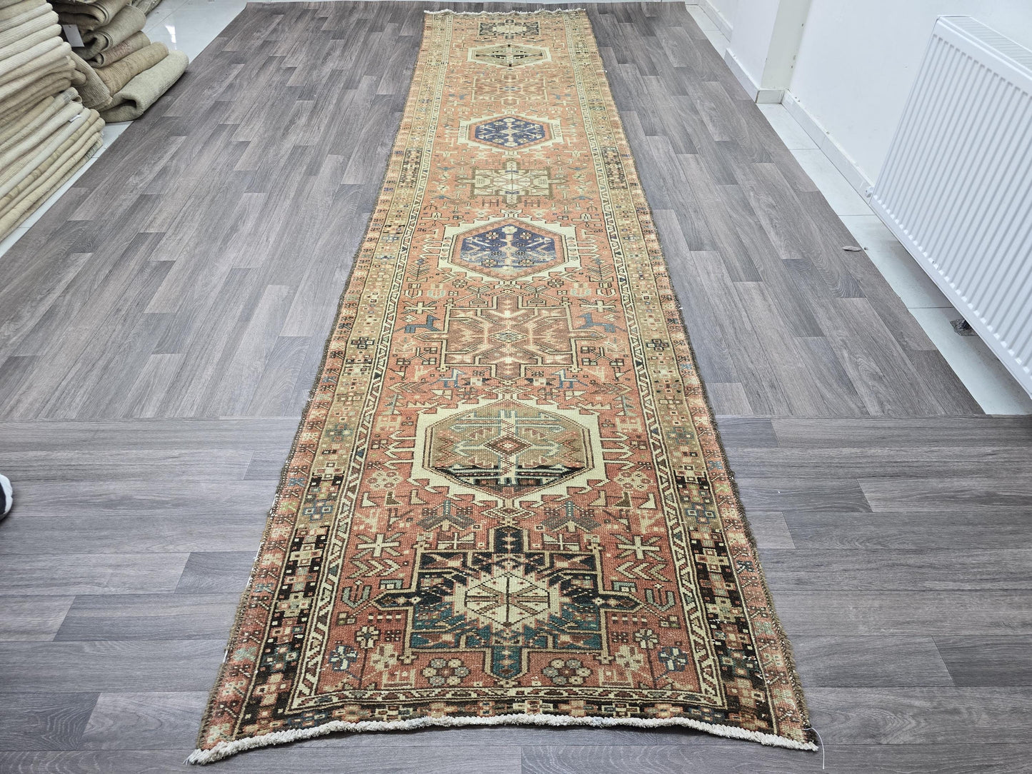 3.45x15 feet Vintage Heriz Runner with Geometric Design