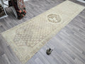Hand Knotted Wool Oushak Runner: 4x13 Neutral Turkish Vintage Rug