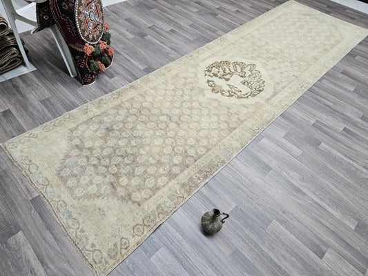 4x13 Wide and Long Neutral Vintage Turkish Runner for Hallway and Kitchen Hand knotted Muted Wool Oushak Runner