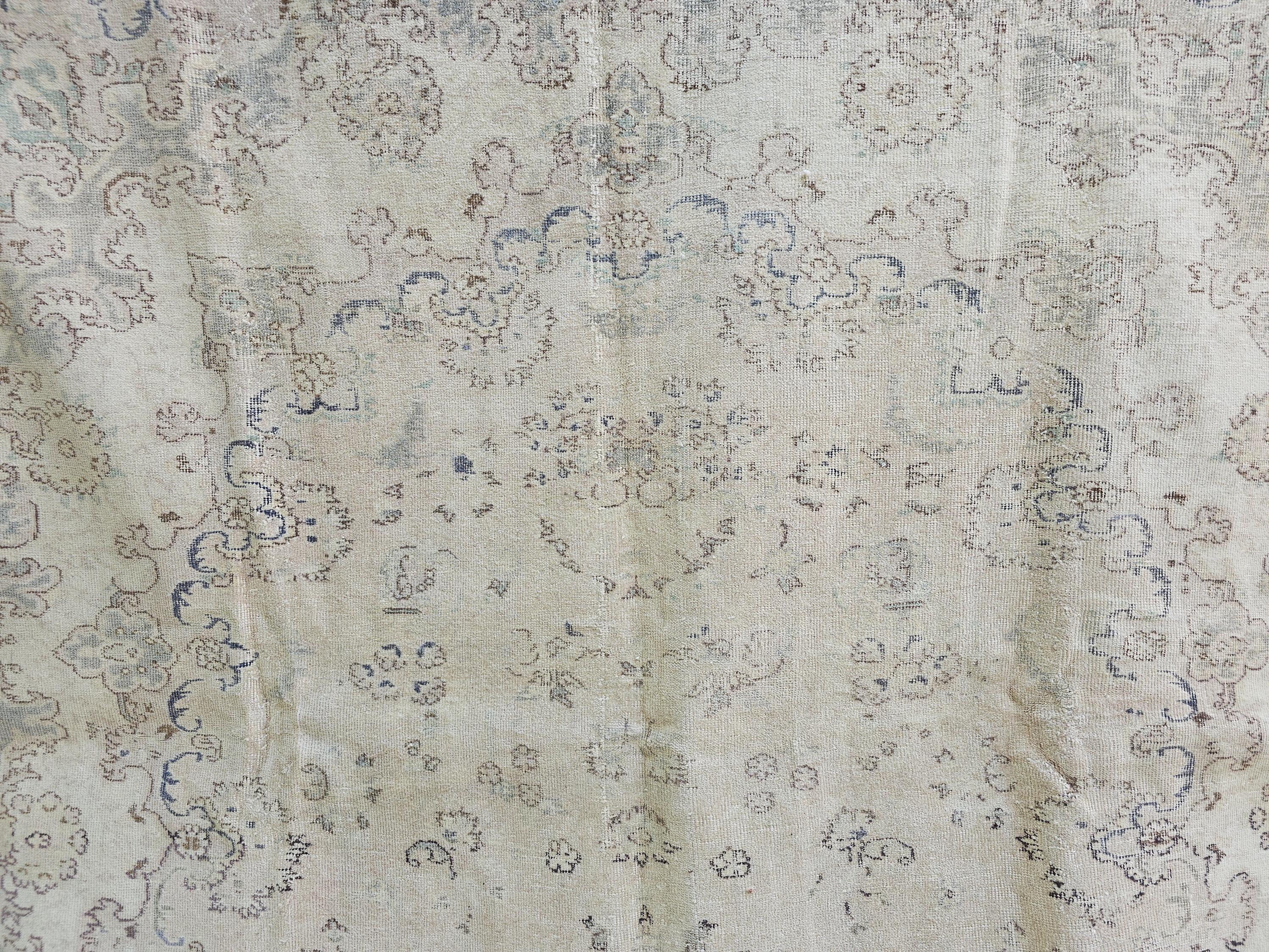 Faded Turkish Wool Rug 7x10: Neutral Oushak Carpet, Beige Cream Brown