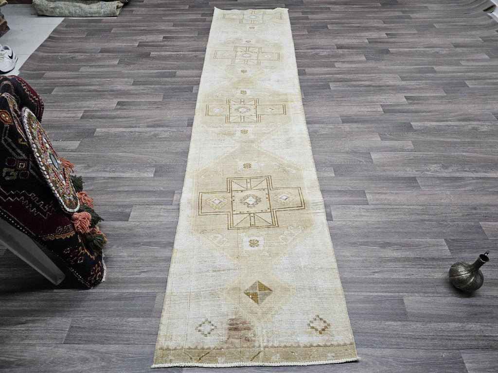 Vintage Oushak Runner: Hand-Knotted Wool & Cotton, Neutral Rug (2.40x10.70 ft)